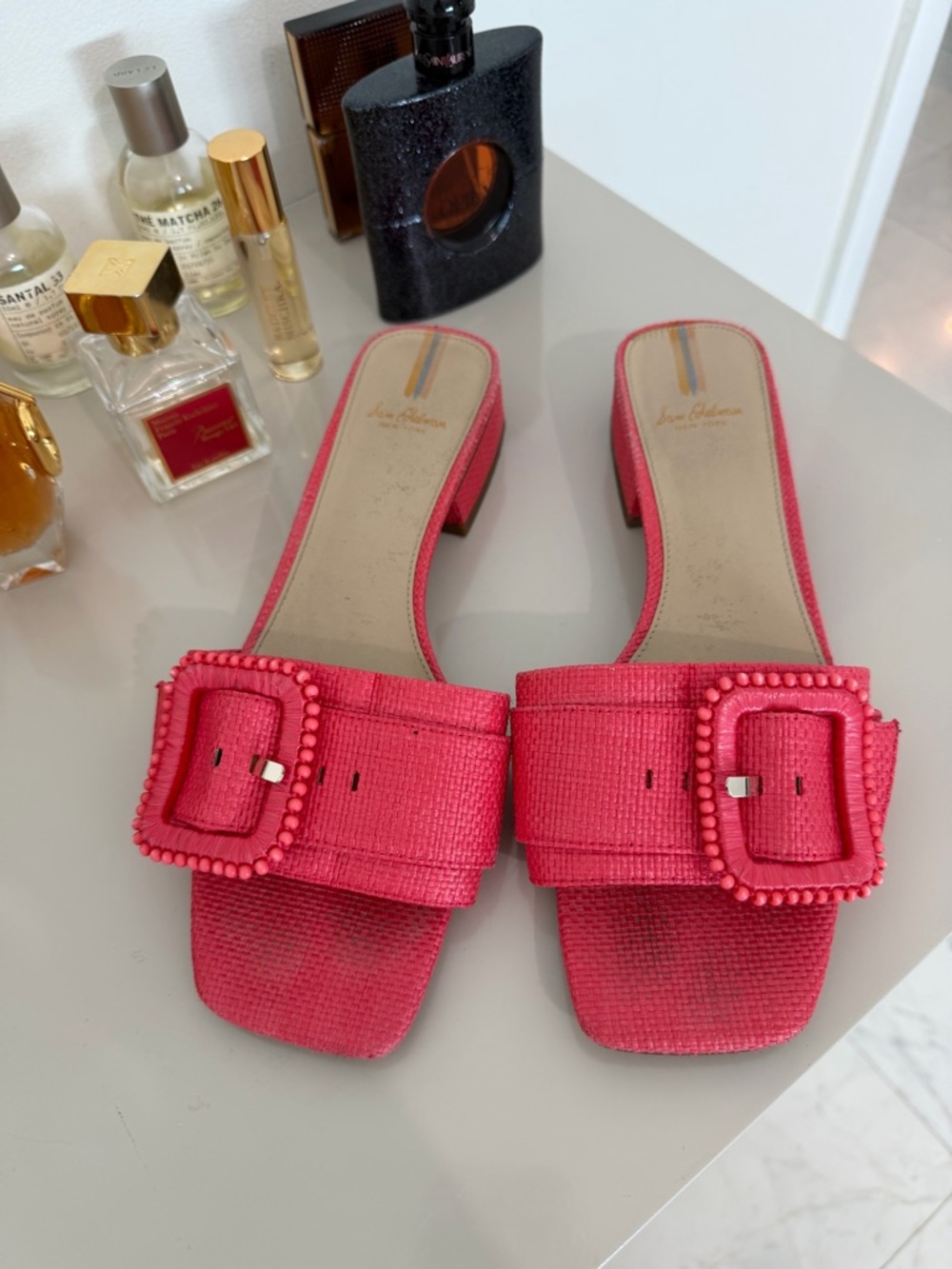 Sam Edelman Pink Square-Toe Slide Sandals with Beaded Buckle